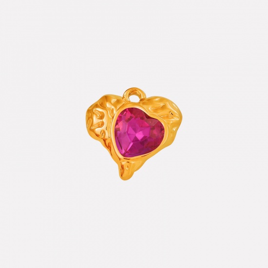 Imagen de 2 PCs Eco-friendly PVD Vacuum Plating 304 Stainless Steel & Rhinestone Valentine's Day Charms 18K Gold Plated Heart Texture Fuchsia Rhinestone 16mm x 16mm