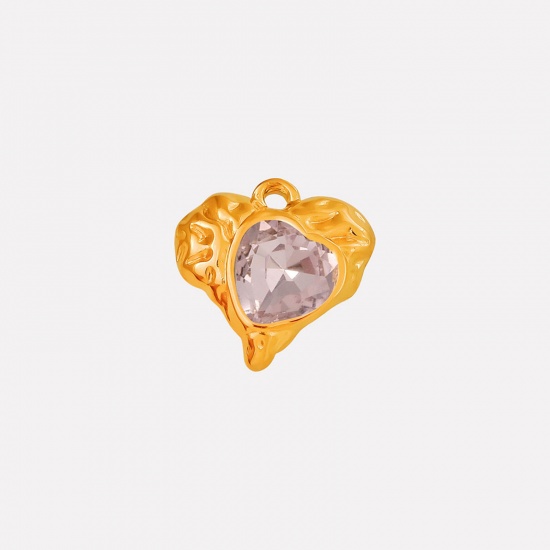 Imagen de 2 PCs Eco-friendly PVD Vacuum Plating 304 Stainless Steel & Rhinestone Valentine's Day Charms 18K Gold Plated Heart Texture Pink Rhinestone 16mm x 16mm