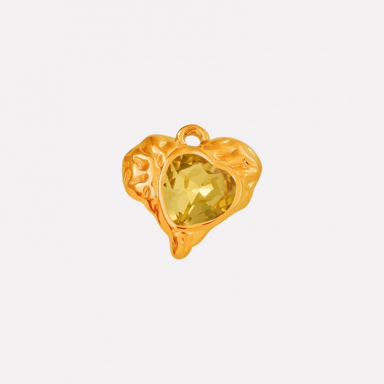 Imagen de 2 PCs Eco-friendly PVD Vacuum Plating 304 Stainless Steel & Rhinestone Valentine's Day Charms 18K Gold Plated Heart Texture Yellow Rhinestone 16mm x 16mm