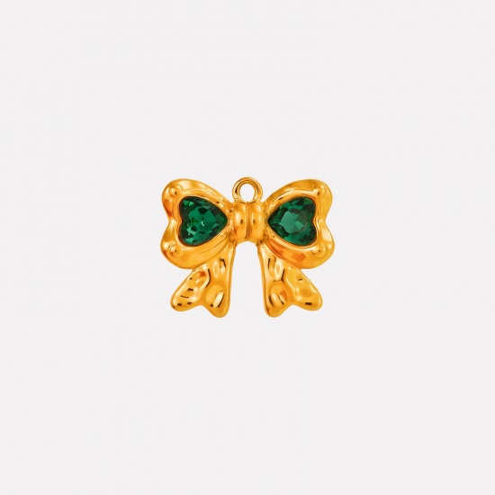 Picture of 2 PCs Eco-friendly PVD Vacuum Plating 304 Stainless Steel Clothes Charms 18K Gold Plated Bowknot Green Rhinestone 18mm x 22mm