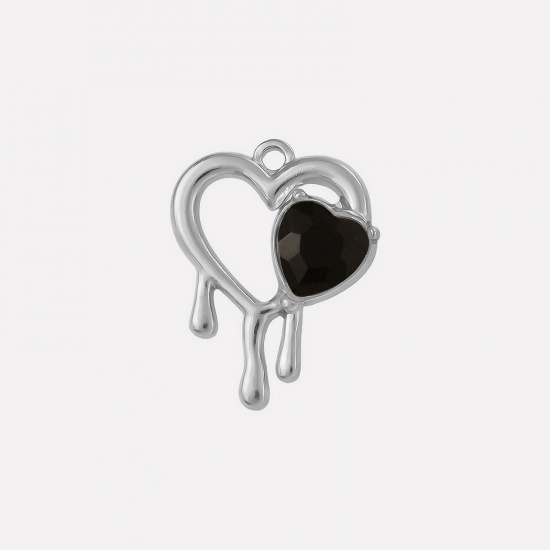 Imagen de 2 PCs 304 Stainless Steel & Rhinestone Valentine's Day Charms Silver Tone Heart Heart Hollow Black Rhinestone 25mm x 20mm