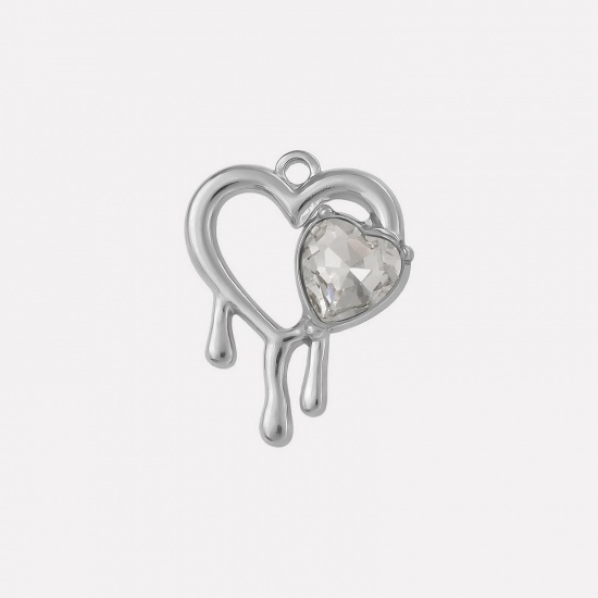 Imagen de 2 PCs 304 Stainless Steel & Rhinestone Valentine's Day Charms Silver Tone Heart Heart Hollow Clear Rhinestone 25mm x 20mm