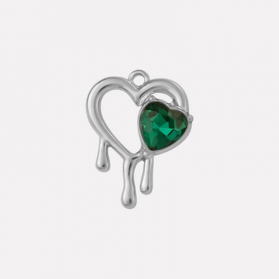 Imagen de 2 PCs 304 Stainless Steel & Rhinestone Valentine's Day Charms Silver Tone Heart Heart Hollow Green Rhinestone 25mm x 20mm