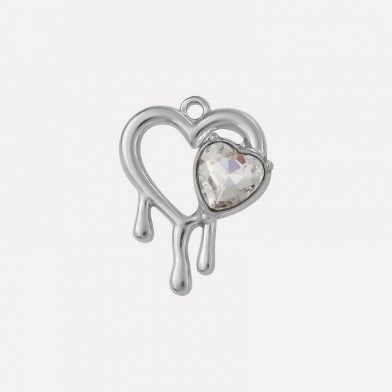 Imagen de 2 PCs 304 Stainless Steel & Rhinestone Valentine's Day Charms Silver Tone Heart Heart Hollow AB Color Rhinestone 25mm x 20mm