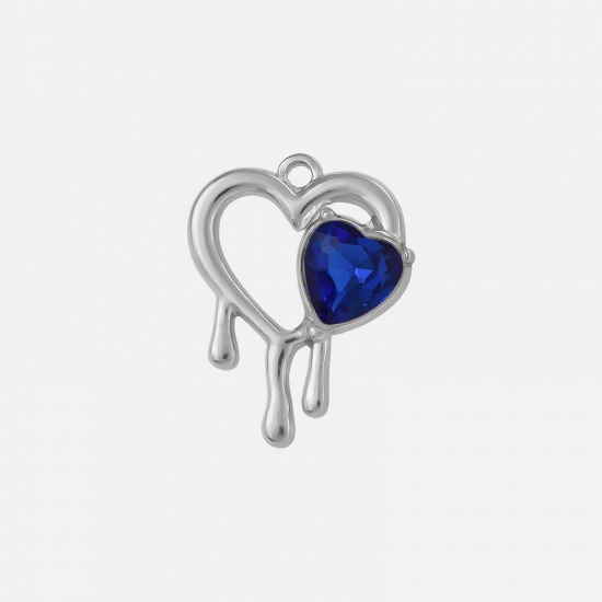 Imagen de 2 PCs 304 Stainless Steel & Rhinestone Valentine's Day Charms Silver Tone Heart Heart Hollow Dark Blue Rhinestone 25mm x 20mm