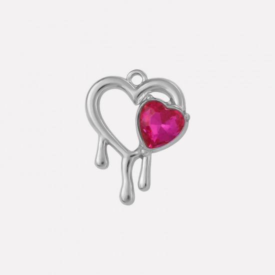 Imagen de 2 PCs 304 Stainless Steel & Rhinestone Valentine's Day Charms Silver Tone Heart Heart Hollow Fuchsia Rhinestone 25mm x 20mm