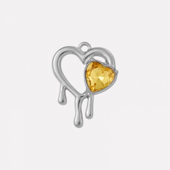 Imagen de 2 PCs 304 Stainless Steel & Rhinestone Valentine's Day Charms Silver Tone Heart Heart Hollow Yellow Rhinestone 25mm x 20mm