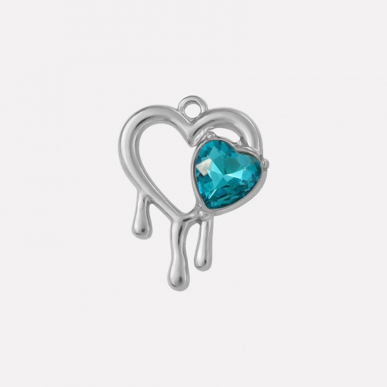 Imagen de 2 PCs 304 Stainless Steel & Rhinestone Valentine's Day Charms Silver Tone Heart Heart Hollow Skyblue Rhinestone 25mm x 20mm