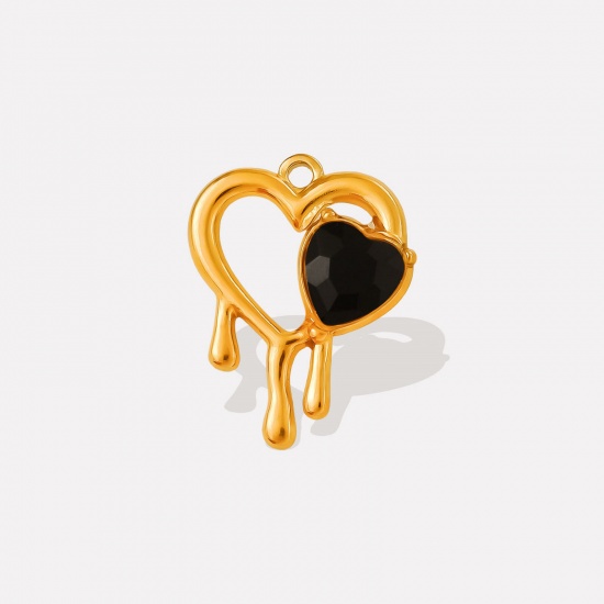 Imagen de 2 PCs Eco-friendly PVD Vacuum Plating 304 Stainless Steel & Rhinestone Valentine's Day Charms 18K Gold Plated Heart Heart Hollow Black Rhinestone 25mm x 20mm