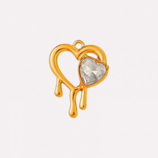 Imagen de 2 PCs Eco-friendly PVD Vacuum Plating 304 Stainless Steel & Rhinestone Valentine's Day Charms 18K Gold Plated Heart Heart Hollow Clear Rhinestone 25mm x 20mm