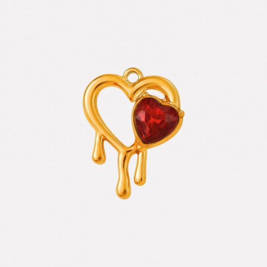 Imagen de 2 PCs Eco-friendly PVD Vacuum Plating 304 Stainless Steel & Rhinestone Valentine's Day Charms 18K Gold Plated Heart Heart Hollow Red Rhinestone 25mm x 20mm