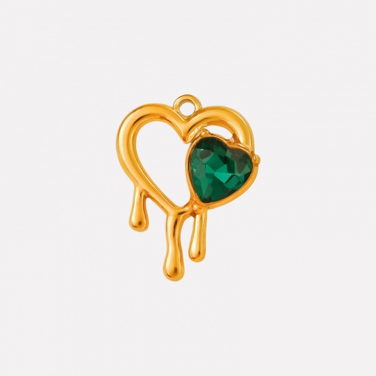 Imagen de 2 PCs Eco-friendly PVD Vacuum Plating 304 Stainless Steel & Rhinestone Valentine's Day Charms 18K Gold Plated Heart Heart Hollow Green Rhinestone 25mm x 20mm