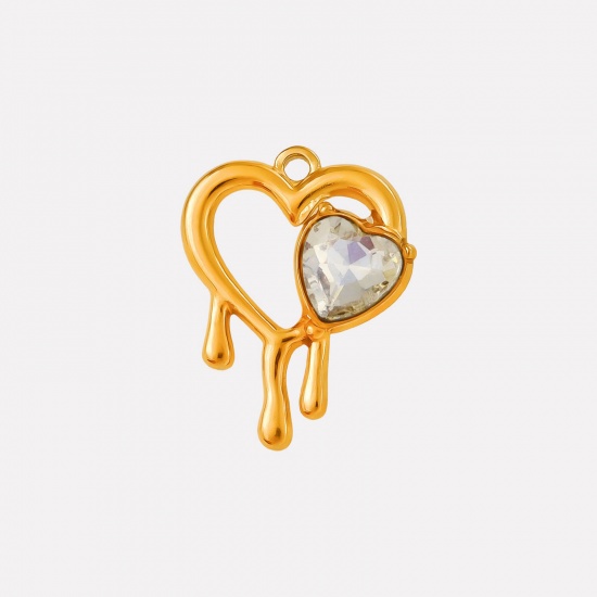 Imagen de 2 PCs Eco-friendly PVD Vacuum Plating 304 Stainless Steel & Rhinestone Valentine's Day Charms 18K Gold Plated Heart Heart Hollow AB Color Rhinestone 25mm x 20mm