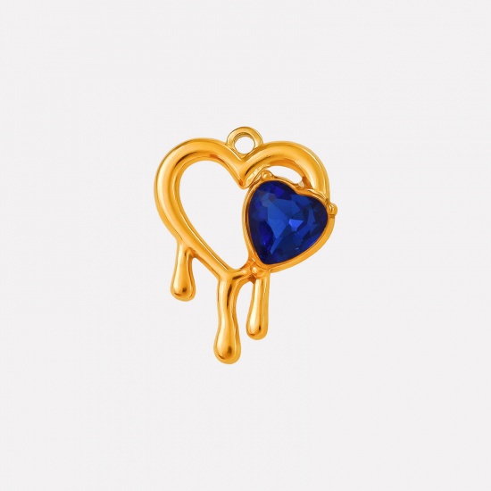 Imagen de 2 PCs Eco-friendly PVD Vacuum Plating 304 Stainless Steel & Rhinestone Valentine's Day Charms 18K Gold Plated Heart Heart Hollow Dark Blue Rhinestone 25mm x 20mm