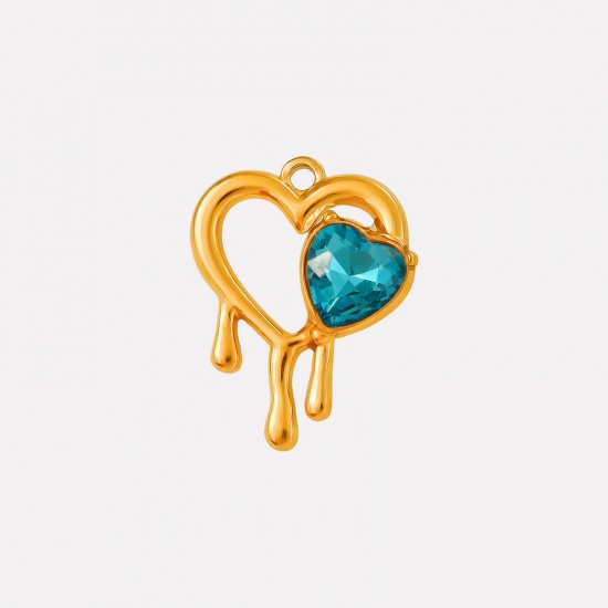 Imagen de 2 PCs Eco-friendly PVD Vacuum Plating 304 Stainless Steel & Rhinestone Valentine's Day Charms 18K Gold Plated Heart Heart Hollow Skyblue Rhinestone 25mm x 20mm