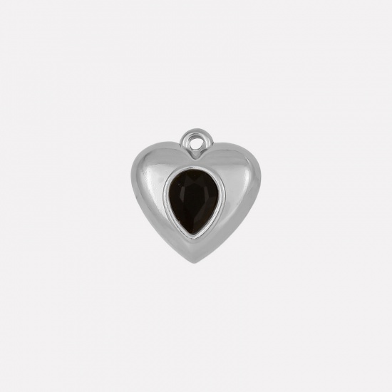 Imagen de 2 Unidades 304 Acero Inoxidable Colgantes Corazón Tono de Plata Negro Rhinestone 17mm x 16mm