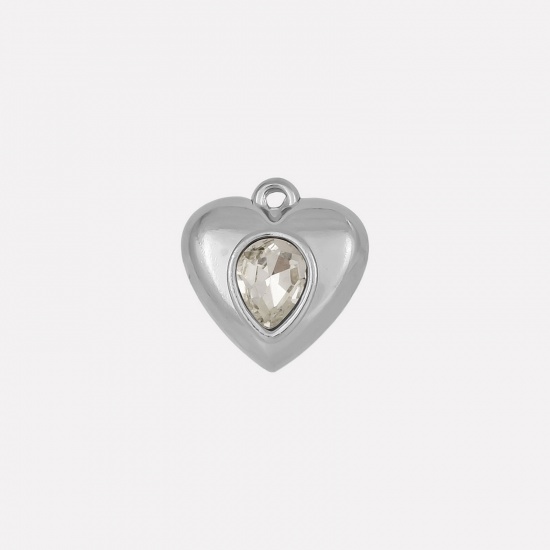 Imagen de 2 Unidades 304 Acero Inoxidable Colgantes Corazón Tono de Plata Transparente Rhinestone 17mm x 16mm