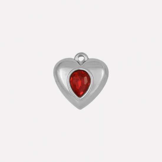 Imagen de 2 Unidades 304 Acero Inoxidable Colgantes Corazón Tono de Plata Rojo Rhinestone 17mm x 16mm