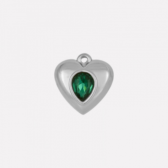 Imagen de 2 Unidades 304 Acero Inoxidable Colgantes Corazón Tono de Plata Verde Rhinestone 17mm x 16mm