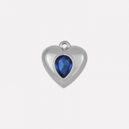 Imagen de 2 Unidades 304 Acero Inoxidable Colgantes Corazón Tono de Plata Azul marino Rhinestone 17mm x 16mm