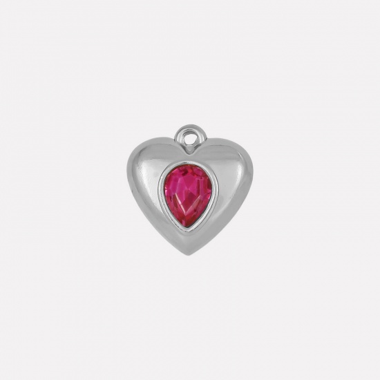 Imagen de 2 Unidades 304 Acero Inoxidable Colgantes Corazón Tono de Plata Ciruela Roja Rhinestone 17mm x 16mm