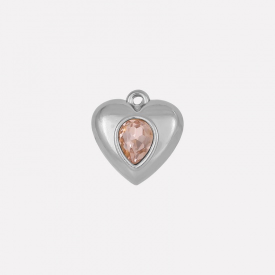 Imagen de 2 Unidades 304 Acero Inoxidable Colgantes Corazón Tono de Plata Rosa Rhinestone 17mm x 16mm