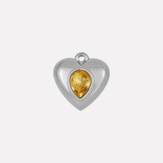 Imagen de 2 Unidades 304 Acero Inoxidable Colgantes Corazón Tono de Plata Amarillo Rhinestone 17mm x 16mm