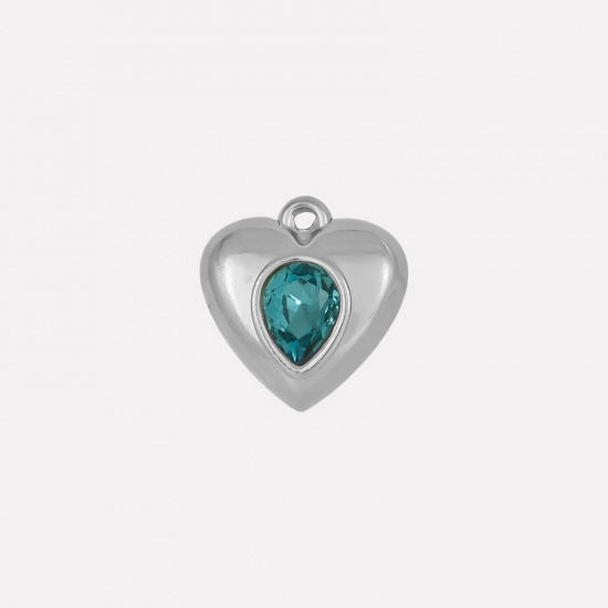 Imagen de 2 Unidades 304 Acero Inoxidable Colgantes Corazón Tono de Plata Zafiro Rhinestone 17mm x 16mm