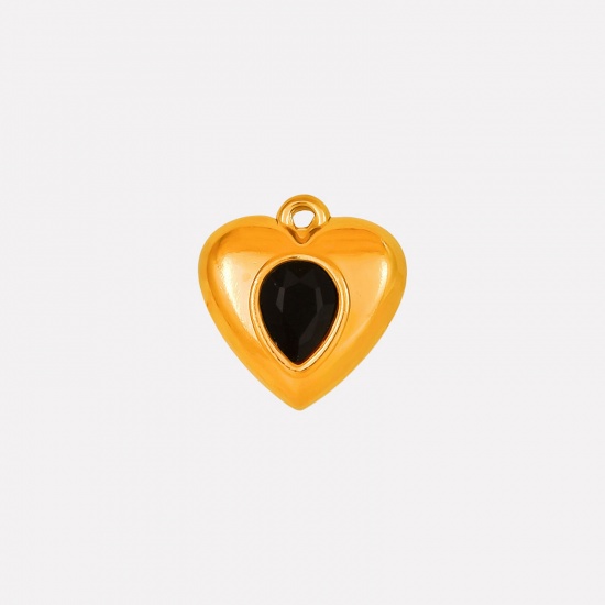 Imagen de 2 Unidades Recubrimiento al Vacío PVD Ecológico 304 Acero Inoxidable Colgantes Corazón Chapado en Oro de 18K Negro Rhinestone 17mm x 16mm