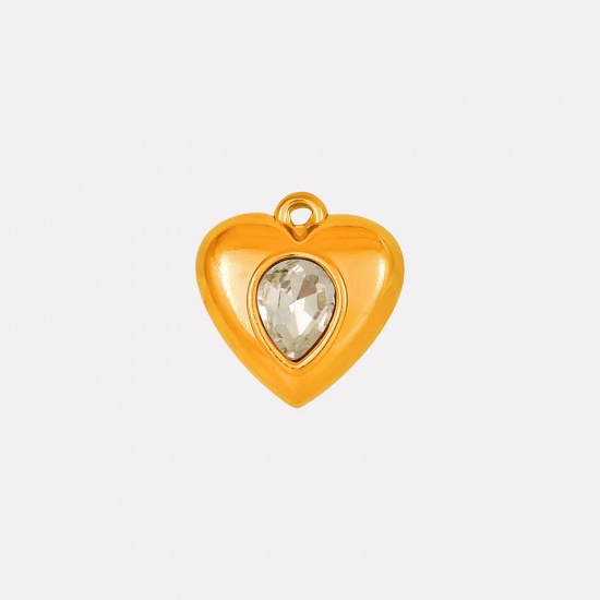 Imagen de 2 Unidades Recubrimiento al Vacío PVD Ecológico 304 Acero Inoxidable Colgantes Corazón Chapado en Oro de 18K Transparente Rhinestone 17mm x 16mm
