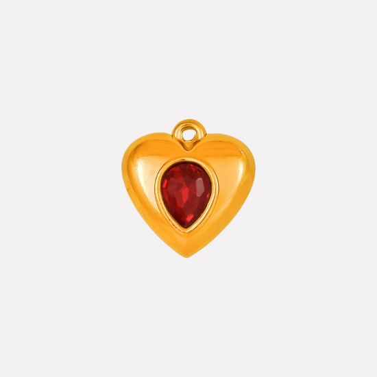 Imagen de 2 Unidades Recubrimiento al Vacío PVD Ecológico 304 Acero Inoxidable Colgantes Corazón Chapado en Oro de 18K Rojo Rhinestone 17mm x 16mm