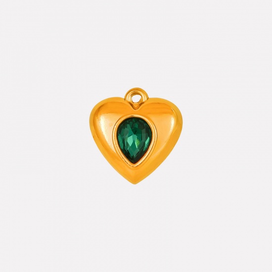 Imagen de 2 Unidades Recubrimiento al Vacío PVD Ecológico 304 Acero Inoxidable Colgantes Corazón Chapado en Oro de 18K Verde Rhinestone 17mm x 16mm