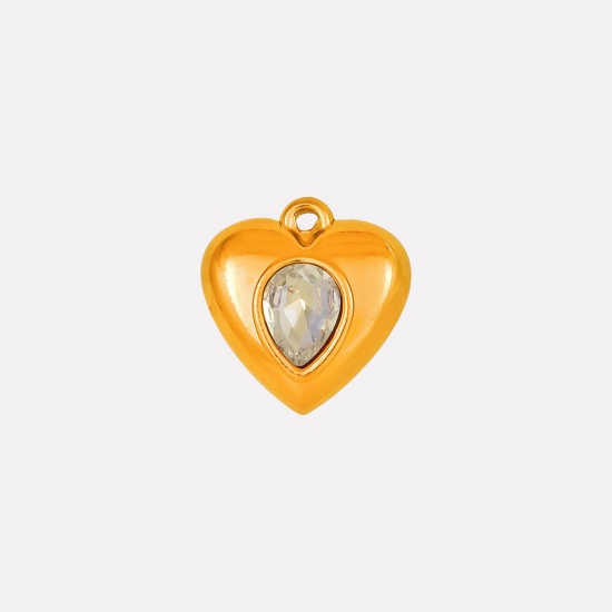 Imagen de 2 Unidades Recubrimiento al Vacío PVD Ecológico 304 Acero Inoxidable Colgantes Corazón Chapado en Oro de 18K AB Color Rhinestone 17mm x 16mm