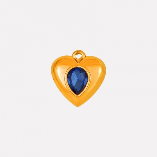 Imagen de 2 Unidades Recubrimiento al Vacío PVD Ecológico 304 Acero Inoxidable Colgantes Corazón Chapado en Oro de 18K Azul marino Rhinestone 17mm x 16mm