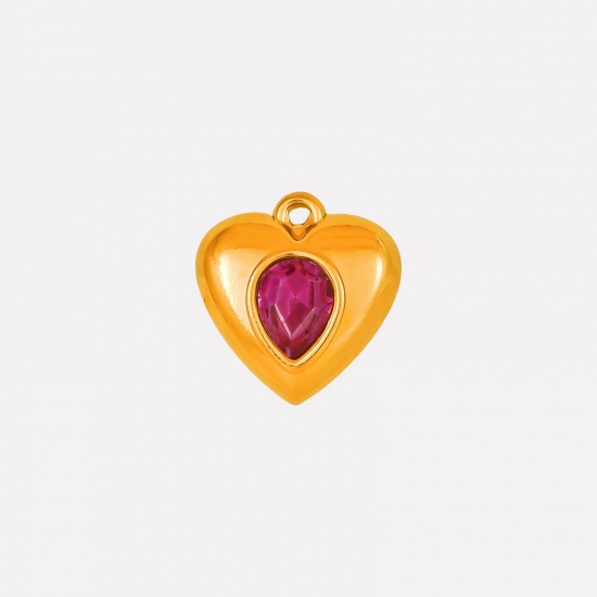 Imagen de 2 Unidades Recubrimiento al Vacío PVD Ecológico 304 Acero Inoxidable Colgantes Corazón Chapado en Oro de 18K Ciruela Roja Rhinestone 17mm x 16mm