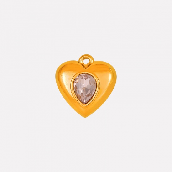Imagen de 2 Unidades Recubrimiento al Vacío PVD Ecológico 304 Acero Inoxidable Colgantes Corazón Chapado en Oro de 18K Rosa Rhinestone 17mm x 16mm
