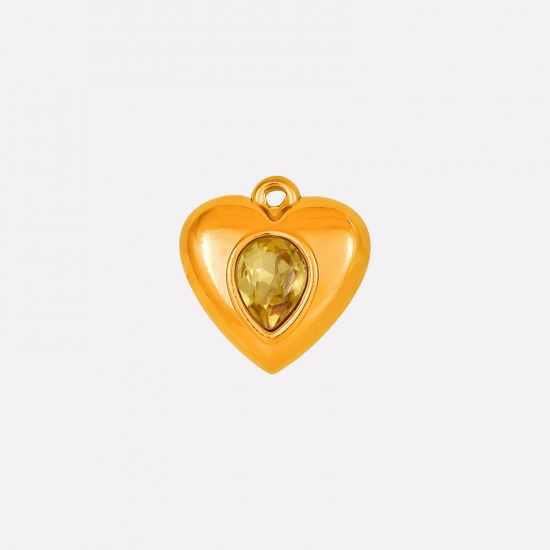 Imagen de 2 Unidades Recubrimiento al Vacío PVD Ecológico 304 Acero Inoxidable Colgantes Corazón Chapado en Oro de 18K Amarillo Rhinestone 17mm x 16mm
