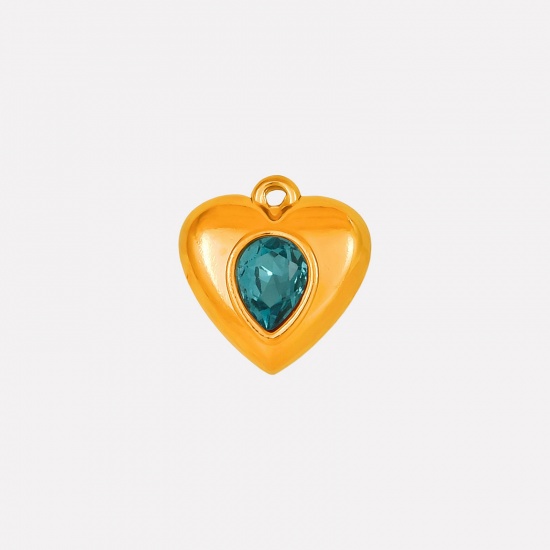 Imagen de 2 Unidades Recubrimiento al Vacío PVD Ecológico 304 Acero Inoxidable Colgantes Corazón Chapado en Oro de 18K Zafiro Rhinestone 17mm x 16mm