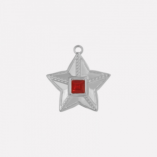 Image de 2 Pcs Breloques en 304 Acier Inoxydable Galaxie Etoile Argent Mat à Strass Rouge 25mm x 24mm