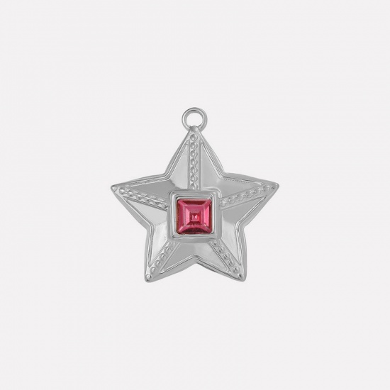 Image de 2 Pcs Breloques en 304 Acier Inoxydable Galaxie Etoile Argent Mat à Strass Fuchsia 25mm x 24mm