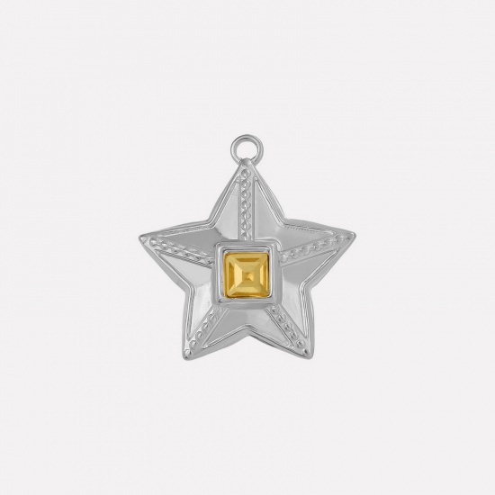Image de 2 Pcs Breloques en 304 Acier Inoxydable Galaxie Etoile Argent Mat à Strass Jaune 25mm x 24mm