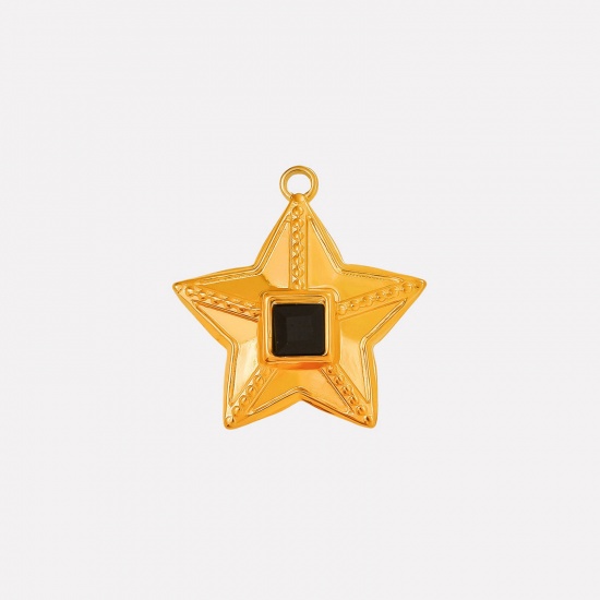 Image de 2 Pcs Breloques en 304 Acier Inoxydable Revêtement sous Vide PVD Respectueux de l'Environnement Galaxie Etoile Plaqué Or 18K à Strass Noir 25mm x 24mm