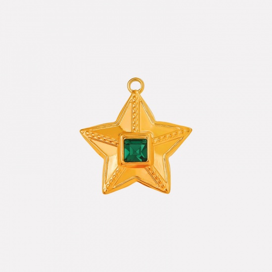 Image de 2 Pcs Breloques en 304 Acier Inoxydable Revêtement sous Vide PVD Respectueux de l'Environnement Galaxie Etoile Plaqué Or 18K à Strass Vert 25mm x 24mm
