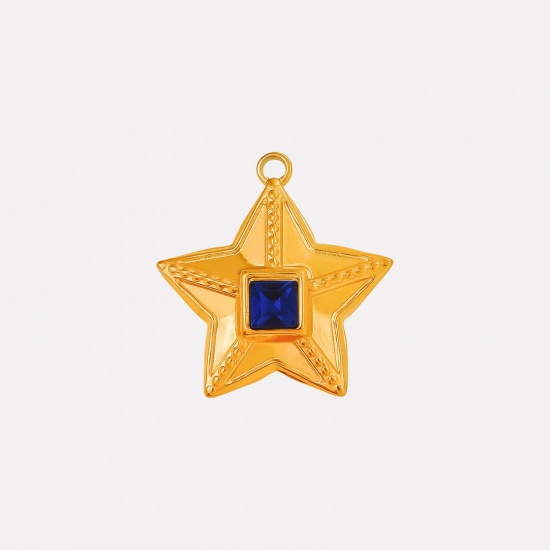 Image de 2 Pcs Breloques en 304 Acier Inoxydable Revêtement sous Vide PVD Respectueux de l'Environnement Galaxie Etoile Plaqué Or 18K à Strass Bleu Foncé 25mm x 24mm