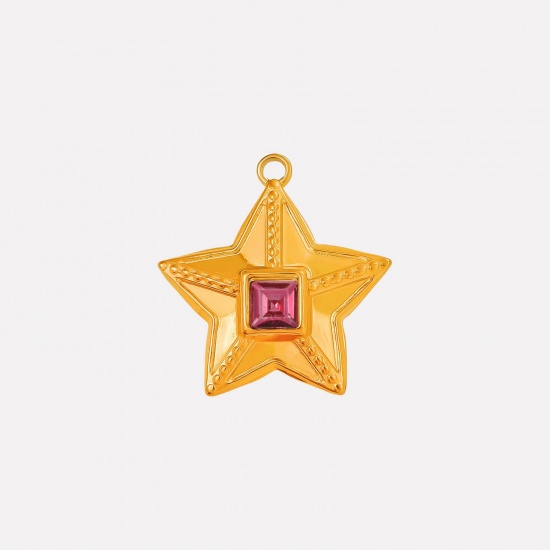 Image de 2 Pcs Breloques en 304 Acier Inoxydable Revêtement sous Vide PVD Respectueux de l'Environnement Galaxie Etoile Plaqué Or 18K à Strass Fuchsia 25mm x 24mm