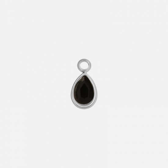 Picture of 2 PCs 304 Stainless Steel Charms Silver Tone Drop Black Rhinestone 10mm x 5mm