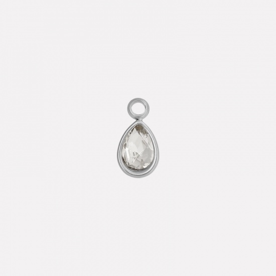 Picture of 2 PCs 304 Stainless Steel Charms Silver Tone Drop Clear Rhinestone 10mm x 5mm