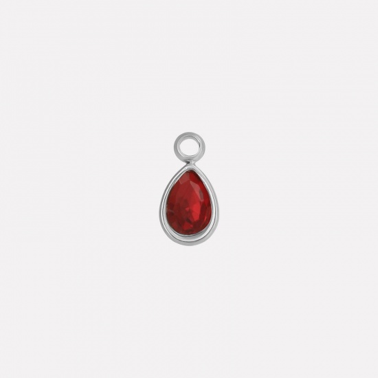 Picture of 2 PCs 304 Stainless Steel Charms Silver Tone Drop Red Rhinestone 10mm x 5mm