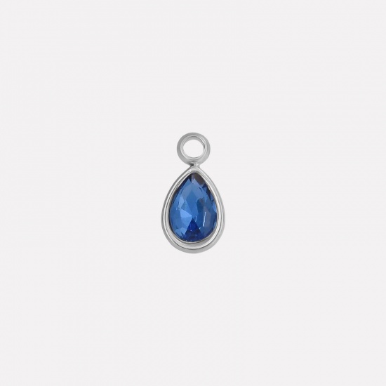 Picture of 2 PCs 304 Stainless Steel Charms Silver Tone Drop Dark Blue Rhinestone 10mm x 5mm