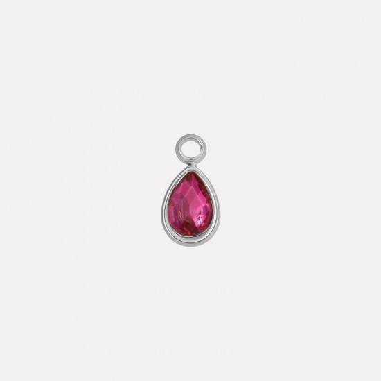 Picture of 2 PCs 304 Stainless Steel Charms Silver Tone Drop Fuchsia Rhinestone 10mm x 5mm
